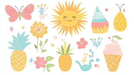 Wall Mural - Whimsical hand drawn summer icons collection, kawaii happy sun with radiating lines, pastel rainbow, butterfly, pineapple with zigzag pattern, colorful ice cream cone, simple flowers, cheerful snail,