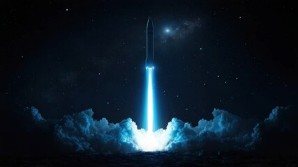 Poster - Futuristic Rocket Launch Illuminates Dark Space with Bright Blue Flames and Ethereal Clouds against a Starry Background