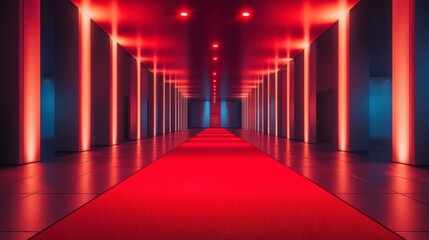 Wall Mural - red carpet in a long, dark corridor with red and blue neon lights.