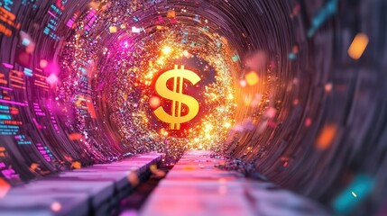 Poster - Illuminated dollar sign in a glowing tunnel of financial data and abstract tech effects