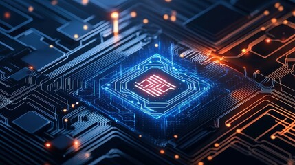 Fototapete - A futuristic microchip design showcasing intricate circuits and glowing elements.