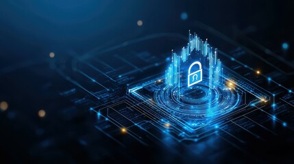 Fototapete - Digital security graphic showcasing a glowing padlock symbol.