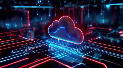 Poster - Vibrant digital cloud symbol glowing in a futuristic circuit environment.