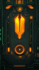 Poster - A close up of a metallic object with a yellow glow. The object is surrounded by a green background