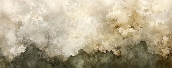 Poster - A painting of a cloudy sky with a mountain in the background. The sky is filled with white clouds and the mountain is covered in green foliage. The painting evokes a sense of calm and tranquility