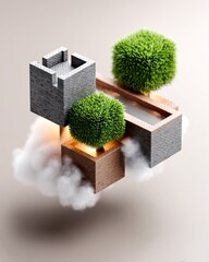 Poster - Fantasy microworld cube in isometric perspective, mini medieval village with castle, farms, and forests, warm lighting, stylized textures, floating object on neutral background