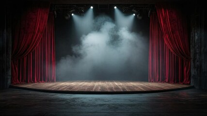 Poster - Dramatic Stage with Red Curtains and Soft Spotlight Illuminating Empty Performance Space