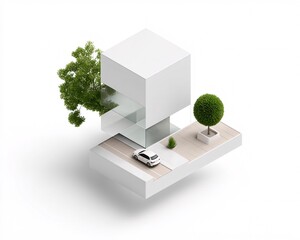 Poster - isometric urban microworld cube with modern skyscrapers, cars, trees, and streetlights, high contras