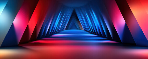 Poster - A long, narrow hallway with a red triangle on the wall. The walls are painted in shades of blue and red, creating a striking contrast. The hallway is illuminated with blue and red lights