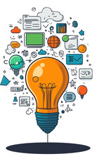 Poster - A light bulb with many icons surrounding it. The light bulb is orange and the icons are colorful. Concept of creativity and innovation