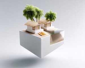 Poster - Miniature island paradise microworld cube in isometric view, palm-fringed beach, huts, surfboards, tropical style, floating clean render, sunny lighting