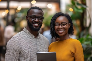 Poster - A professional American or African businessman and businesswoman are shown smiling and concentrating in an office setting as they work together online, utilizing a tablet and gital to engage in a