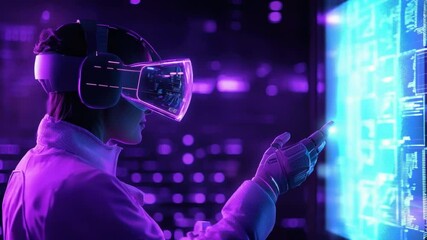 Poster - Person Engaging with Virtual Reality Technology in a Futuristic Digital Environment with Colorful Lights and Data Visualizations