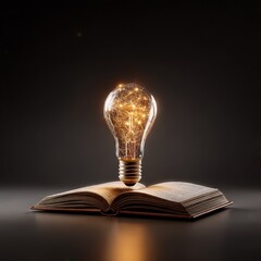 Fototapete - Illuminating Knowledge: A light bulb filled with bright connections sits upon an open book, symbolizing inspiration and learning.
