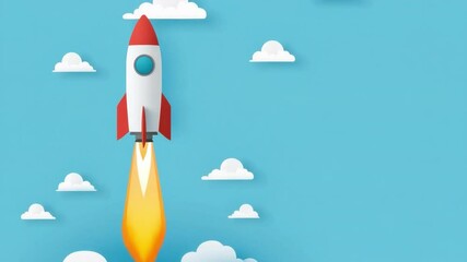 Poster - Illustration of a Cartoon Rocket Launching into the Sky Surrounded by Clouds and Blue Sky for Creative Projects