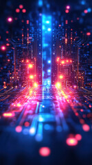 Poster - A blue and red lighted cityscape with a glowing blue line. The lights are bright and colorful, creating a futuristic and energetic atmosphere
