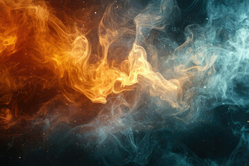 Poster - An abstract image showcases a stunning interplay of fire and ice, with shimmering particles adding depth and mystique.