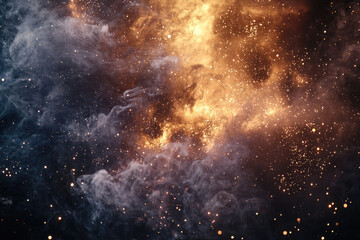Fototapete - A mesmerizing cosmic scene showcasing swirling nebulae in deep blue and fiery gold, dotted with twinkling stars and shimmering dust.