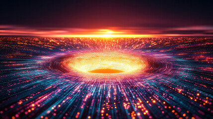Poster - A colorful, glowing, and swirling galaxy with a large hole in the center. The colors are vibrant and the sky is filled with stars. Concept of wonder and awe at the vastness of the universe