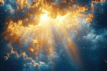 Poster - Golden light streaks pierce through blue clouds, creating a heavenly and ethereal atmosphere with sparkling particles.