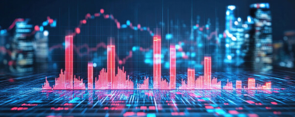Poster - A cityscape with a red line that is going down, and red buildings in the background. The red line is on top of the buildings, creating a sense of depth and perspective