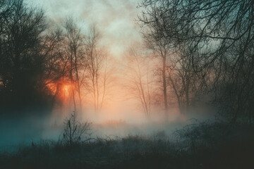 Aufkleber - A mystical fog shrouds a forest at dawn, with the sun's rays breaking through the bare trees.