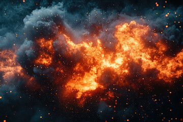 Poster - Fiery explosion erupts amidst dark smoke and glowing embers, creating a mesmerizing and dramatic celestial display in the night.