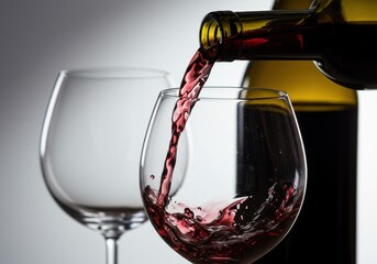 Aufkleber - red wine being poured from a bottle into a clear glass with another glass in the