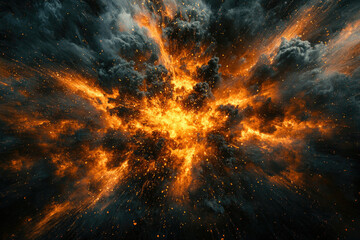 Poster - Fiery explosion bursts forth amidst dark, swirling smoke, creating a dramatic and intense visual spectacle with sparks flying outwards.