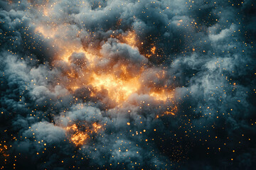 Poster - Dramatic interplay of dark, smoky clouds illuminated by a fiery golden light, speckled with glowing particles, creating an ethereal, otherworldly atmosphere.