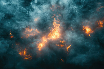 Poster - Abstract blend of fiery orange flames emerging from an enveloping cloud of cool-toned blue smoke.