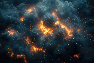 Poster - Dramatic dark clouds punctuated by streaks of bright orange light and glowing points create a celestial, otherworldly atmosphere.