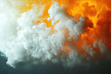 Poster - A mesmerizing abstract image of dense white smoke gently swirling against a vibrant background of orange and yellow hues.