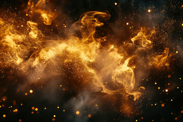 Fototapete - Golden smoke and glitter float ethereally against a dark background, creating a dreamy and magical ambiance.