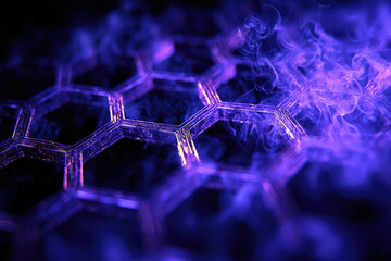 Poster - Abstract futuristic purple hexagon pattern with smoke, conveying technology, science, and innovation in a dark, atmospheric setting.