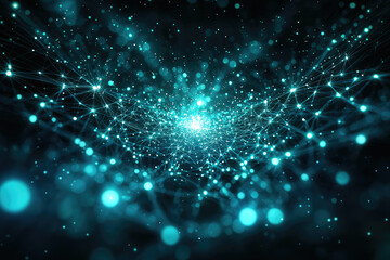 Poster - Abstract teal network of interconnected nodes, representing data, communication, and futuristic technology glowing in the dark background.