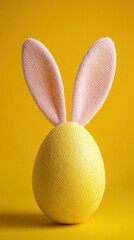 Poster - A yellow egg with pink ears sits on a yellow background. The egg is decorated with pink and yellow paint, and it looks like a cute and playful Easter bunny