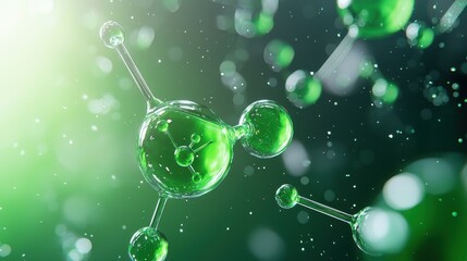 Poster - Abstract representation of green molecules in a dynamic, scientific environment.