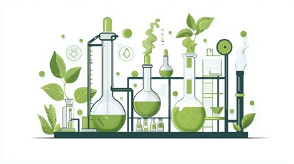 Poster - Illustration of a scientific lab with green liquid and plants, symbolizing eco-friendly research.