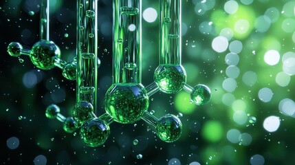 Poster - Close-up of green molecular structures with a vibrant, sparkling background.