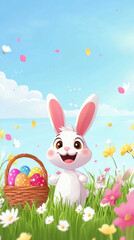 Poster - A cartoon rabbit is standing in a field of flowers and holding a basket of Easter eggs. The scene is bright and cheerful, with a sense of joy and celebration