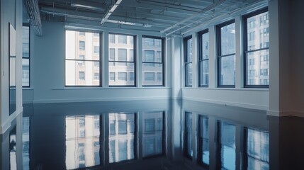 Poster - The room is clean and modern, featuring a glossy epoxy resin floor, and is well-lit and empty, making it perfect for use as an office or studio space after renovation