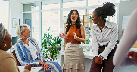 Leinwandbilder - Teamwork, funny and business women in meeting for campaign manager, branding strategy and laughing. Comic feedback, project pitch and brainstorming with people in office for creative startup