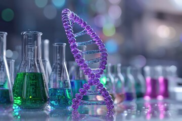 Wall Mural - 3d rendering of dna outline with colorful laboratory equipment