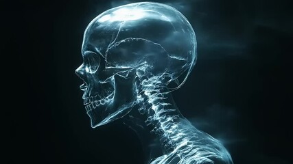 Transparent human skull side view with detailed spine, set against a dark misty background