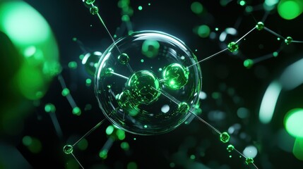 Poster - A vibrant atomic structure illuminated in green tones against a dark background.