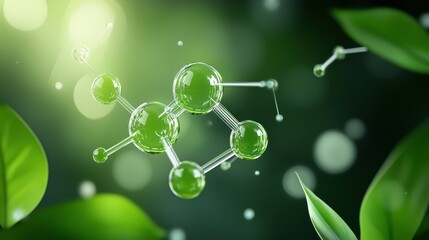 Poster - Green molecular structure surrounded by leaves, symbolizing nature and innovation.