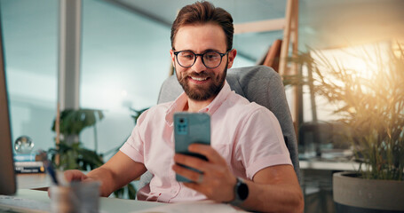 Poster - Office, phone and smile with business man at desk for investment or portfolio management. Communication, finance and schedule with happy stock market broker at computer for strategy development