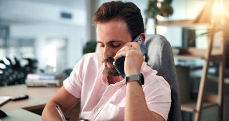 Aufkleber - Finance, phone call and writing with business man at desk for investment or portfolio management. Agenda, communication and notes with stock market broker in workplace for strategy development