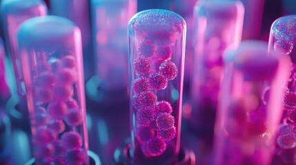 Poster - Vibrant abstract close-up of glowing test tubes with pink spherical structures.